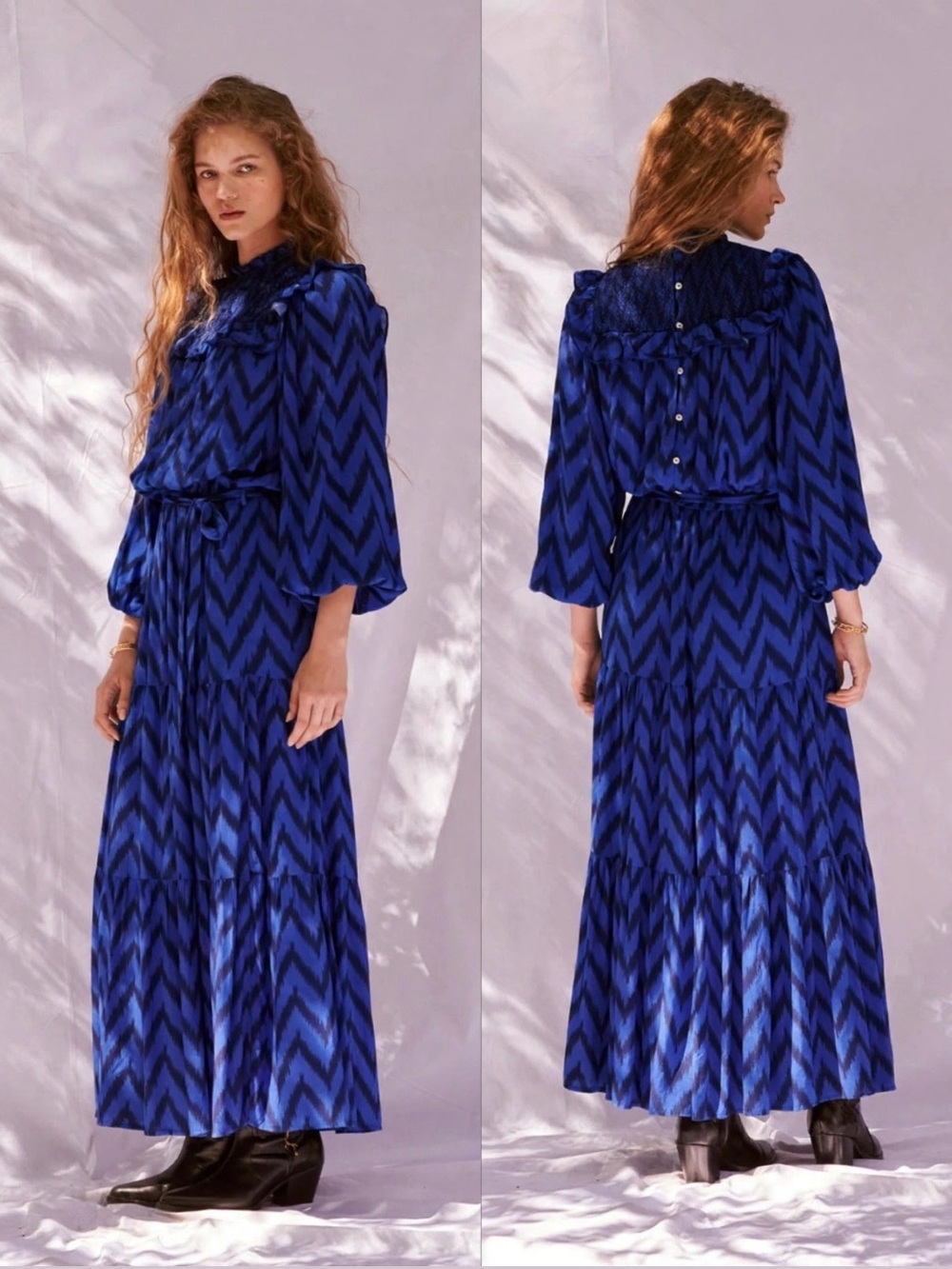 Sonmer || Alice Belted Maxi Dress Blue Chevron Zig Zag Medium NWT